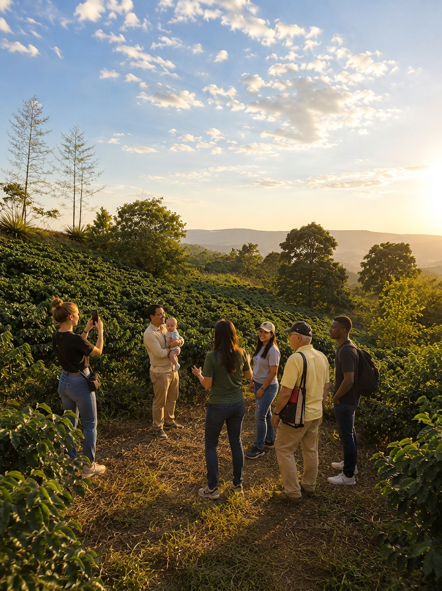 Grupo em experiência em fazenda brasileira de café ao pôr do sol, produtora apresentando um pé de café